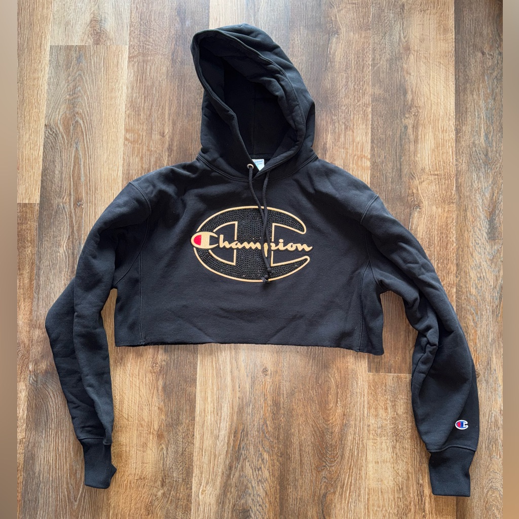 Rare Champion Black Cropped Sweatshirt With Rhinestone Logo